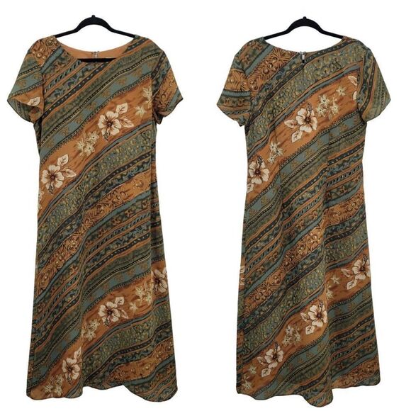 Vintage 90's Maxi Dress 12 Green Tan Modest Short Sleeve Shift Southwestern - Picture 1 of 14